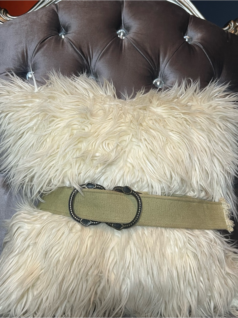 🪖 Olive Green Canvas & Elastic Utility Belt with Ornate Double Ring Buckle 🌿